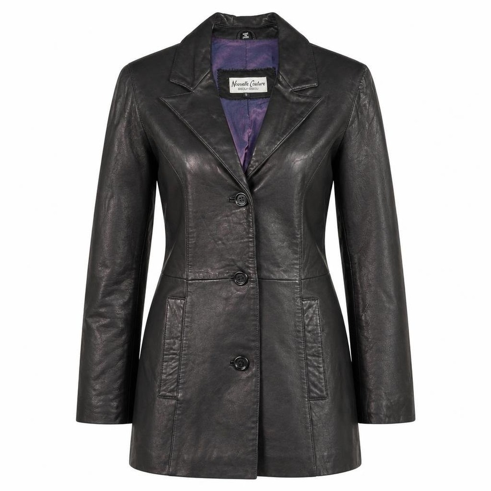 Bisou Bisou Genuine Leather Jacket Womens S Black Blazer Mob Wife Office Siren